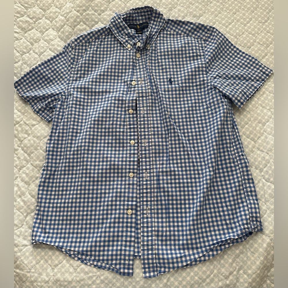 Ralph Lauren white/blue checkered button down collard shirt. Kids large (14-16)